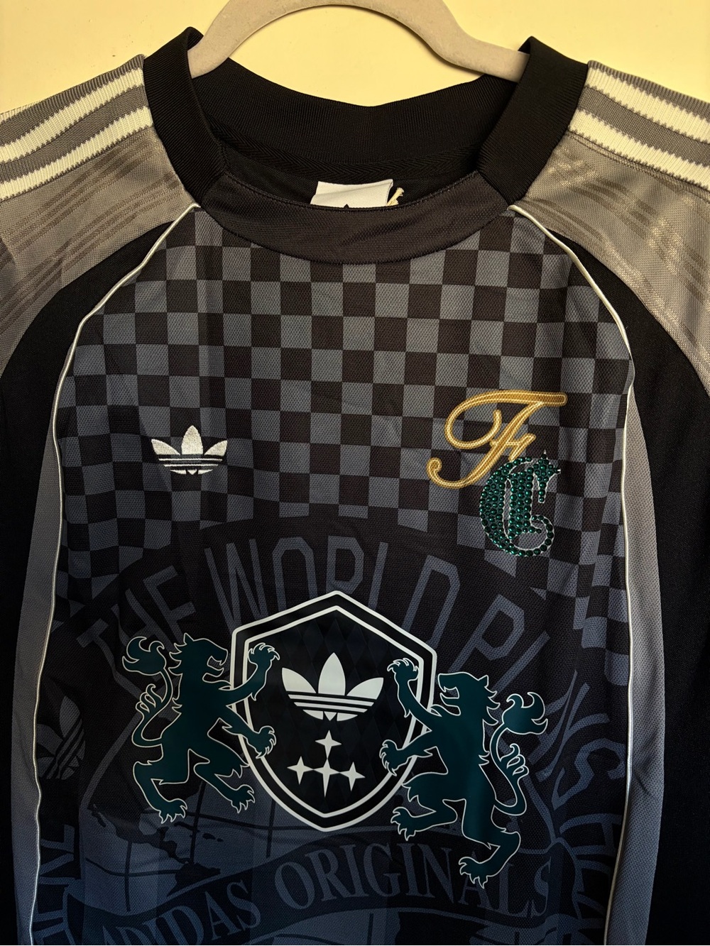 adidas Originals Black and Gray Checker Crest Soccer jersey